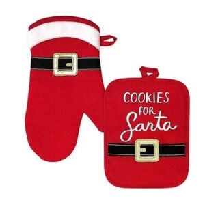 Santa Christmas Holiday Kitchen Oven Mitt & Pot Holder Set - Red - Brand New